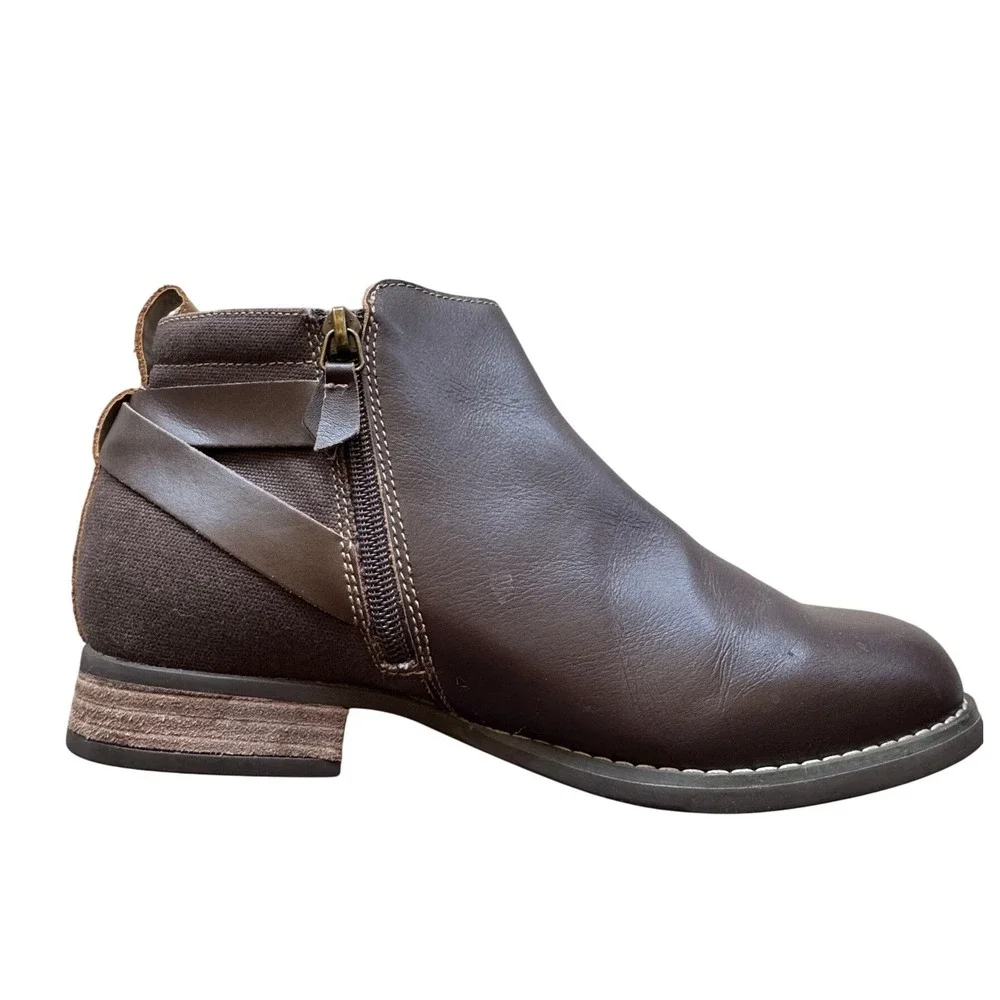 Spenco Womens Brown Leather Canvas Mixed Media Ankle Booties Side Zip Buckle 8
